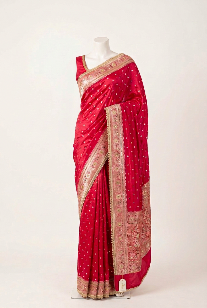 Rani Pink Soft Georgette Ghungroo Mirror Work Saree