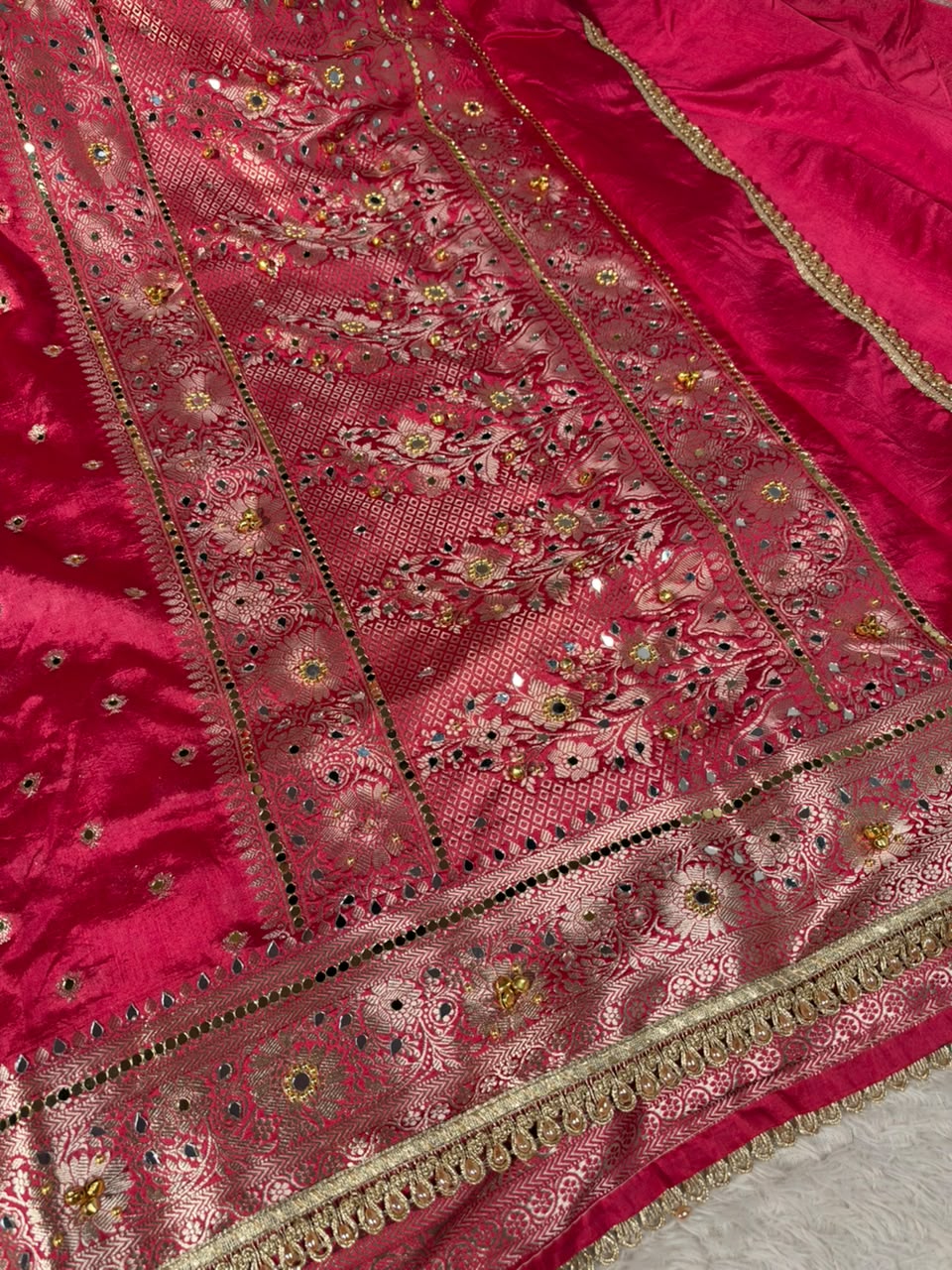 Rani Pink Soft Georgette Ghungroo Mirror Work Saree