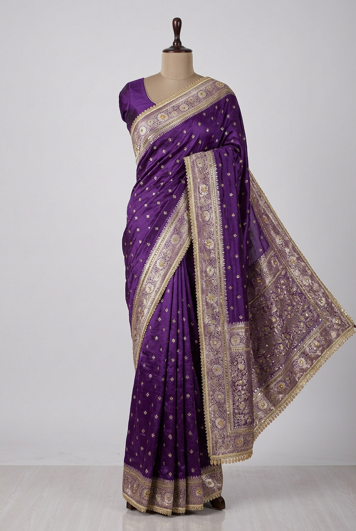 Purple Soft Georgette Ghungroo Mirror Work Saree