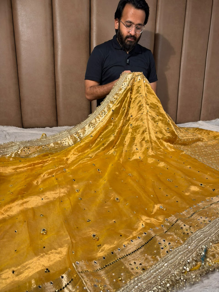 Bright Yellow Pure Tissue Ghungroo Mirror Work Saree