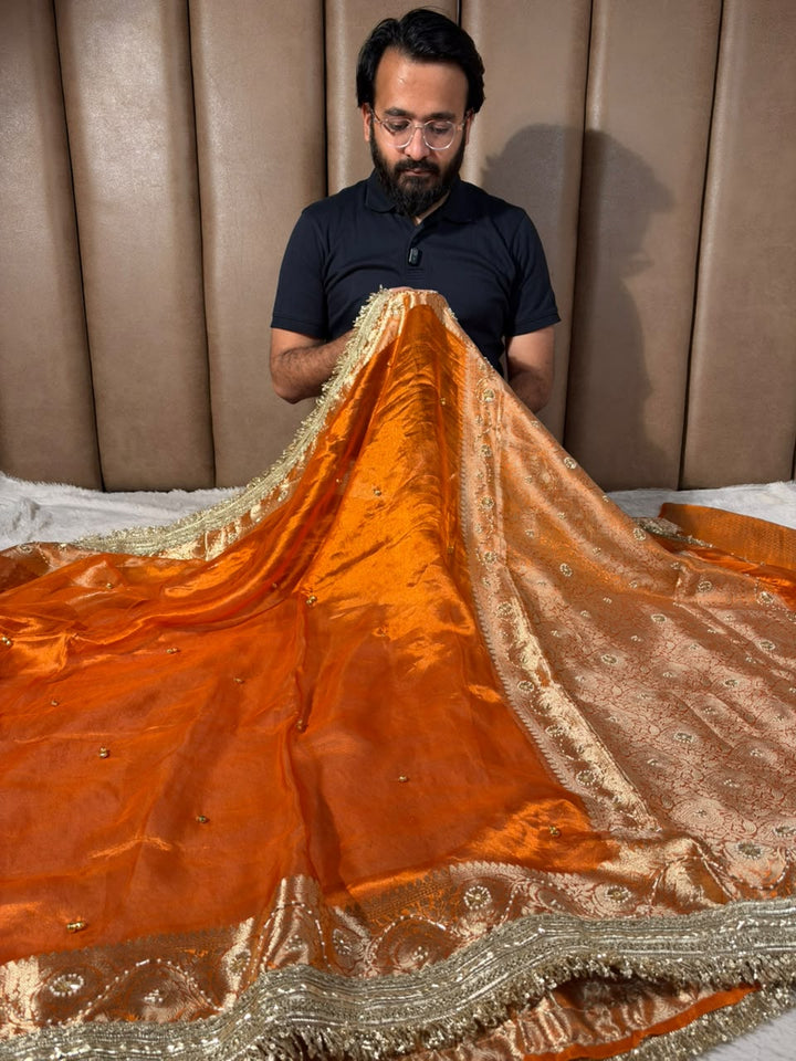 Metallic Orange Pure Tissue Silk Ghungroo Handwork Saree