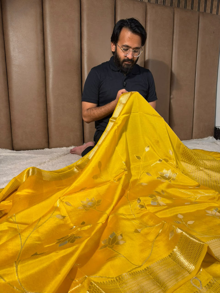 Bright Yellow Pure Mango Silk Floral Banarasi Saree