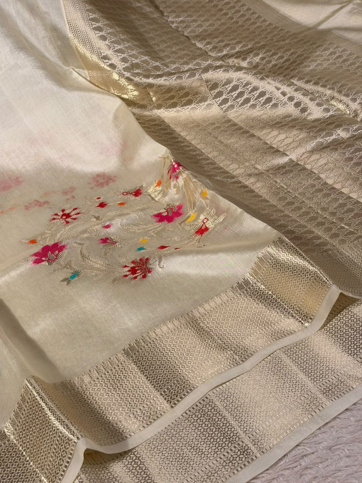 Off White Pure Mango Silk Grand Jaal Weave Saree