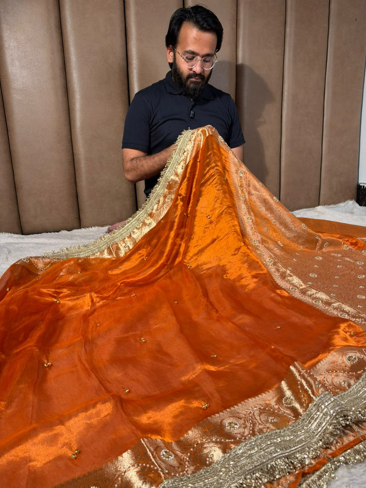 Metallic Orange Pure Tissue Silk Ghungroo Handwork Saree