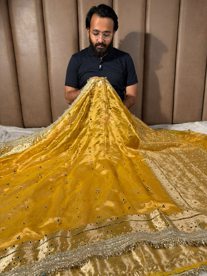 Bright Yellow Pure Tissue Ghungroo Mirror Work Saree