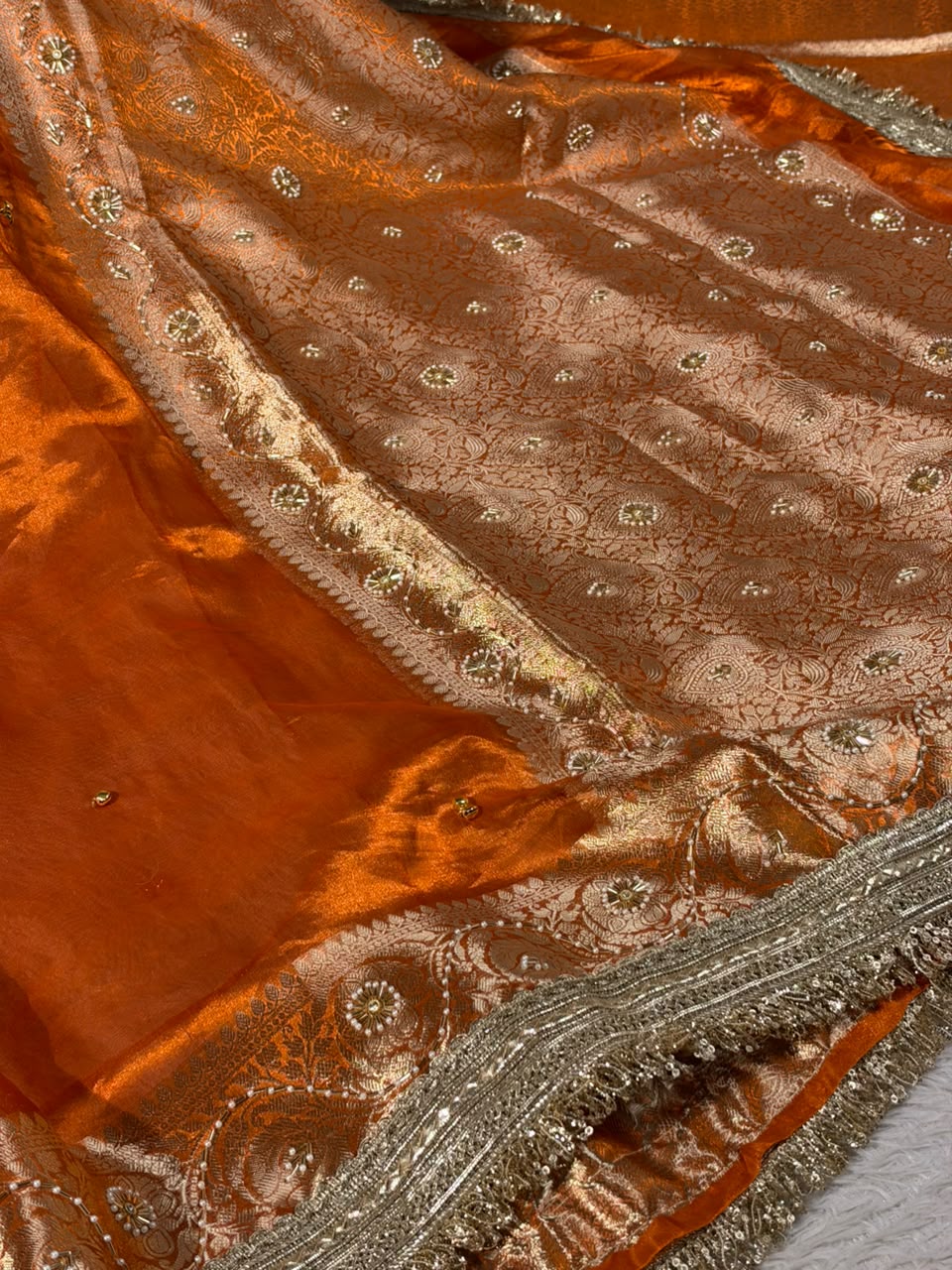 Metallic Orange Pure Tissue Silk Ghungroo Handwork Saree