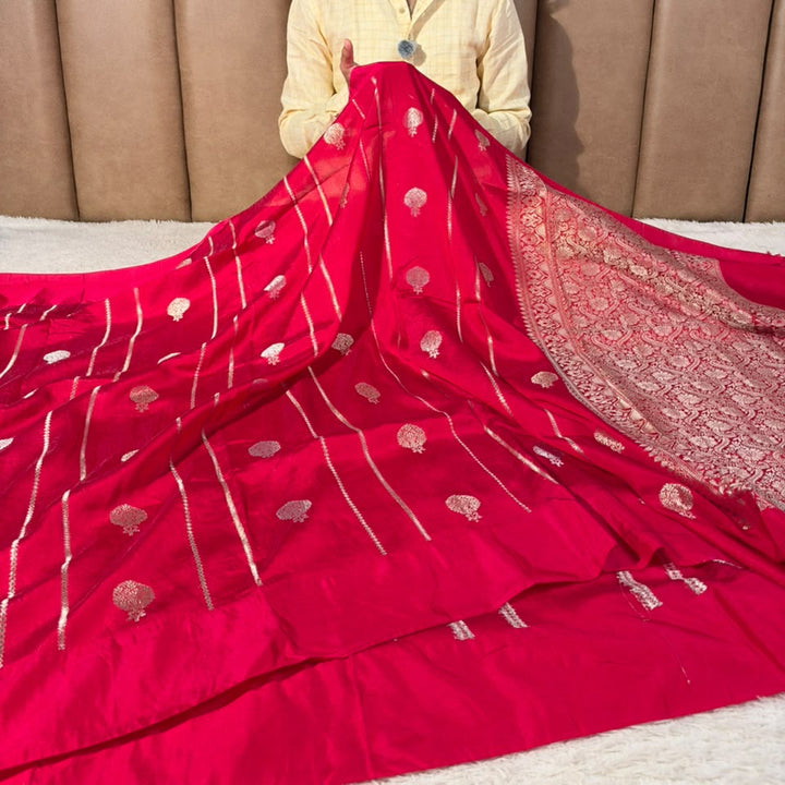 Dark Rani Contemporary Chinia Silk Banarasi Saree