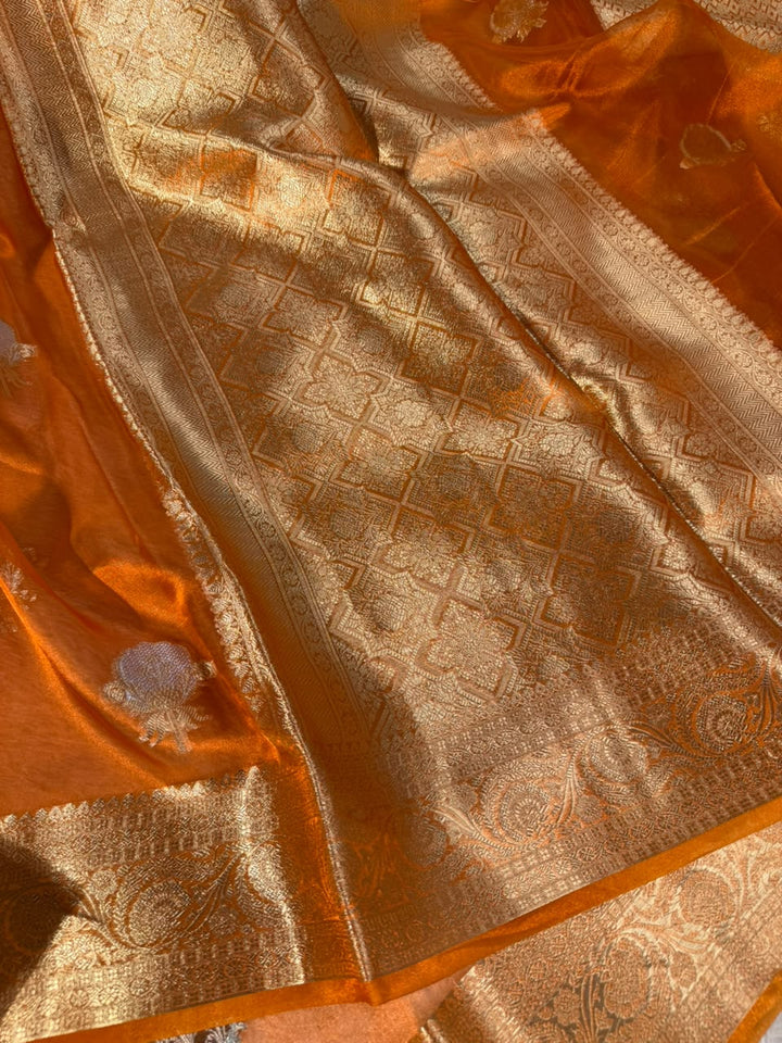 Metallic Orange Pure Tissue Silk Banarasi Saree