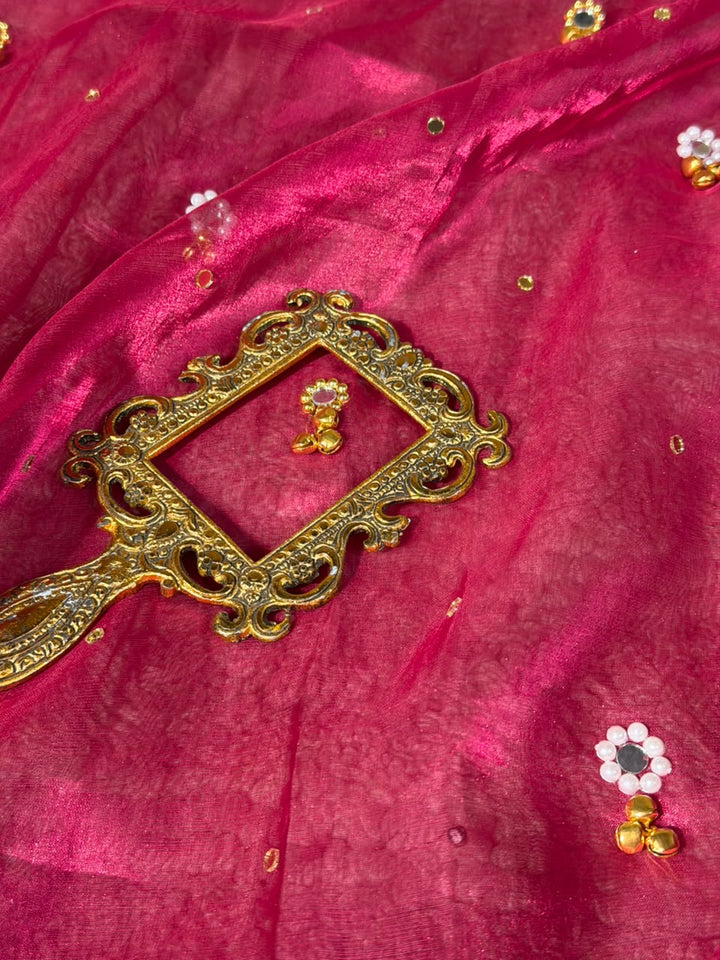 Rani Pink Pure Tissue Silk Ghungroo Mirror Work Saree