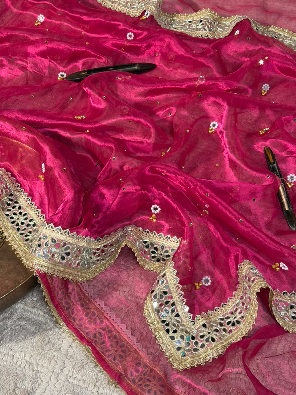 Rani Pink Pure Tissue Silk Ghungroo Mirror Work Saree