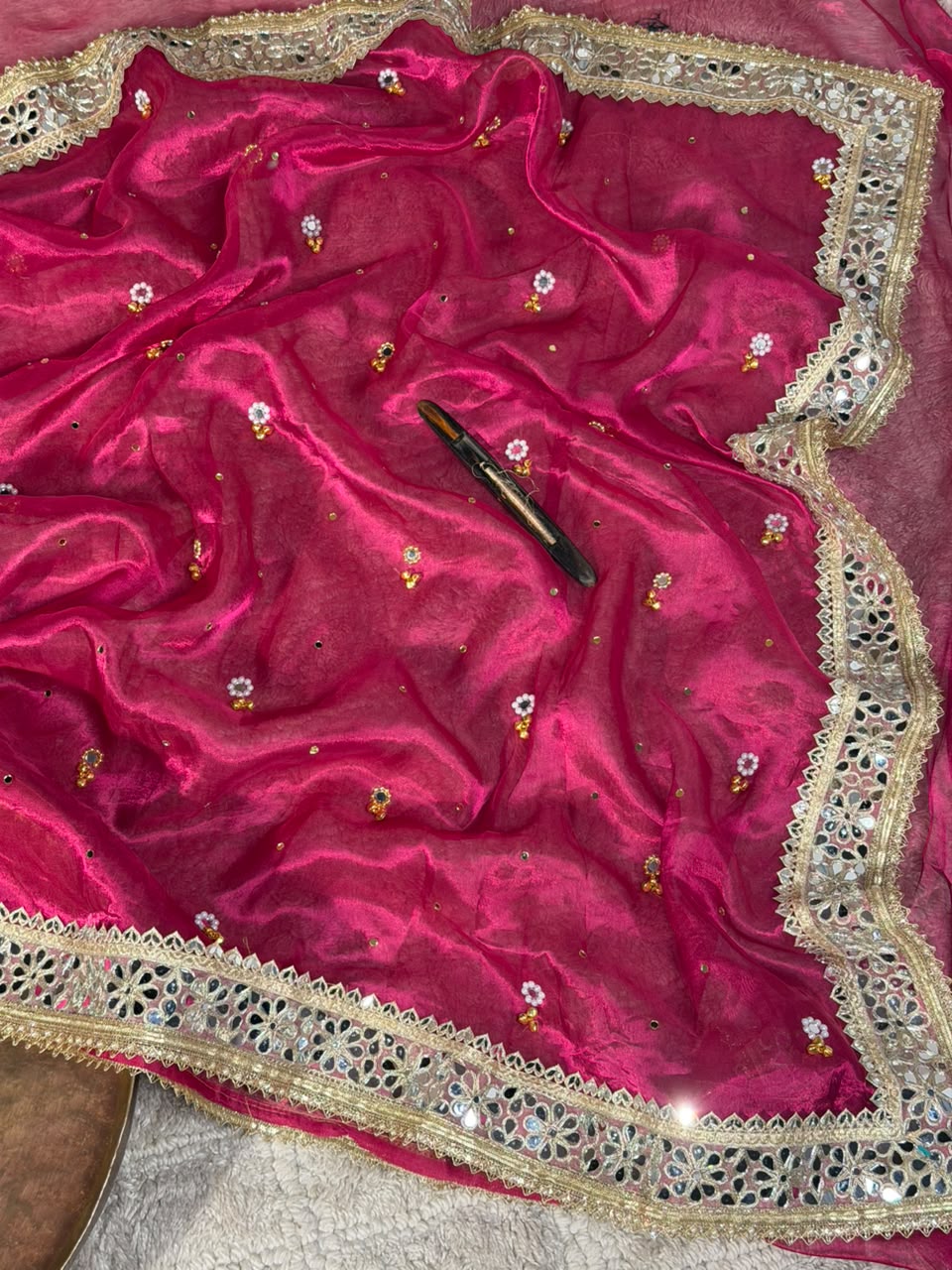 Rani Pink Pure Tissue Silk Ghungroo Mirror Work Saree