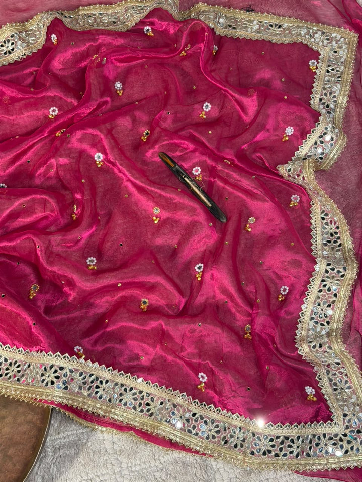 Rani Pink Pure Tissue Silk Ghungroo Mirror Work Saree