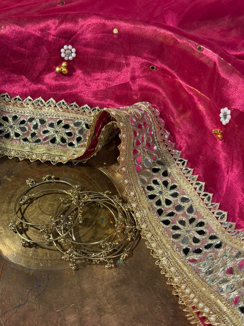 Rani Pink Pure Tissue Silk Ghungroo Mirror Work Saree