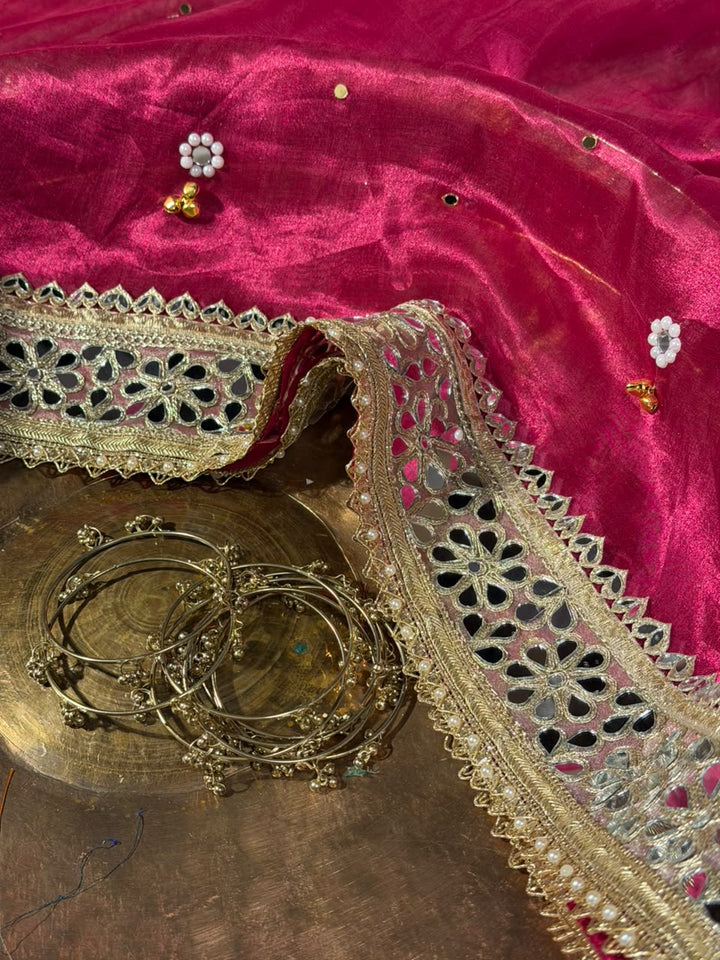 Rani Pink Pure Tissue Silk Ghungroo Mirror Work Saree