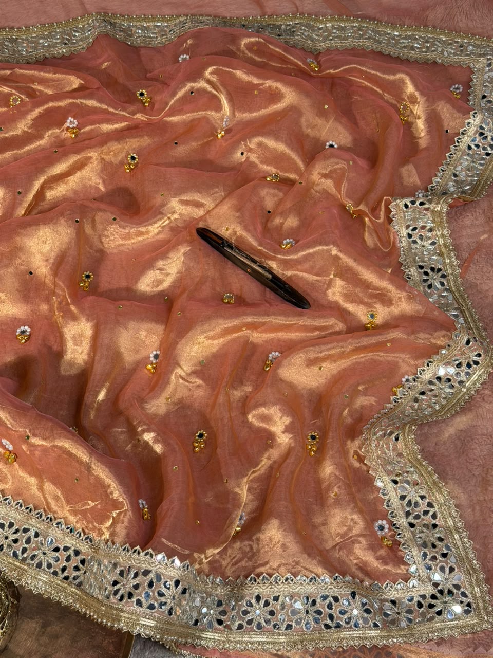 Metallic Peach Pure Tissue Silk Ghungroo Mirror Work Saree