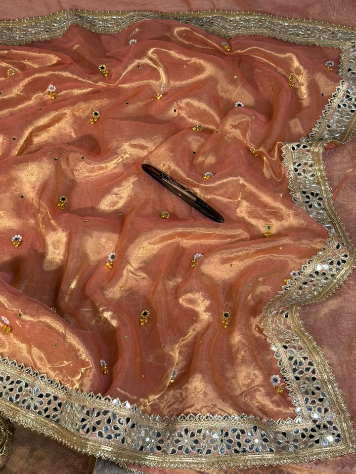 Metallic Peach Pure Tissue Silk Ghungroo Mirror Work Saree