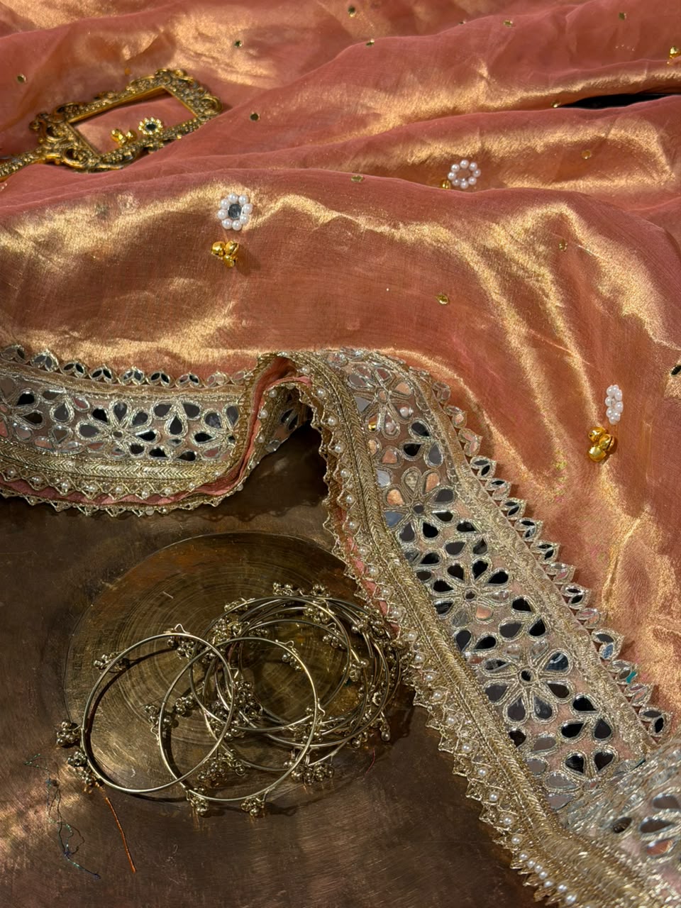 Metallic Peach Pure Tissue Silk Ghungroo Mirror Work Saree