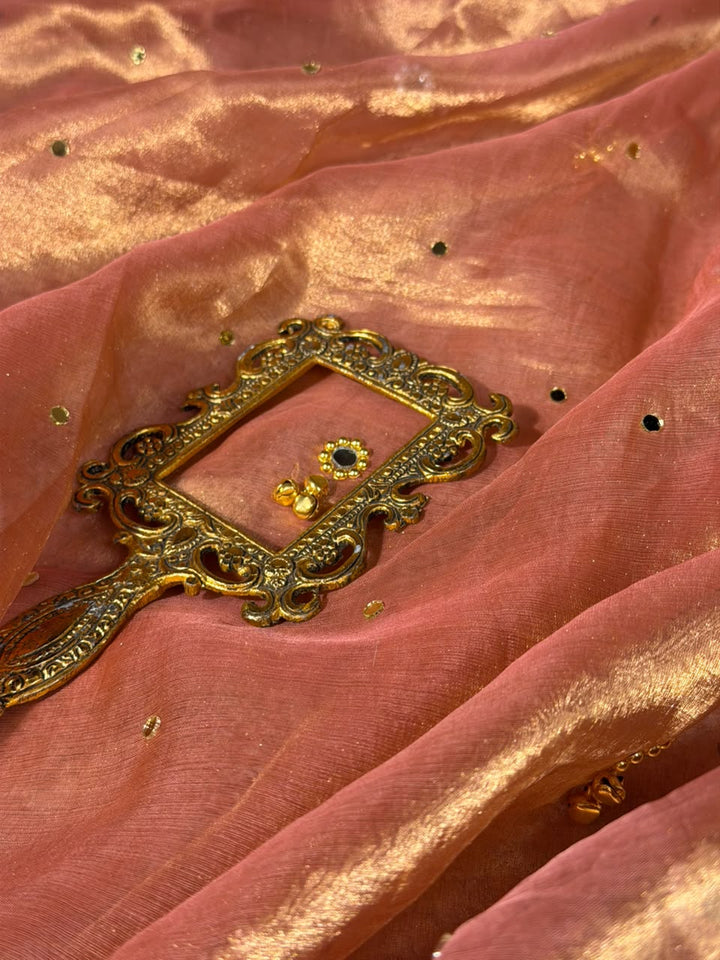 Metallic Peach Pure Tissue Silk Ghungroo Mirror Work Saree