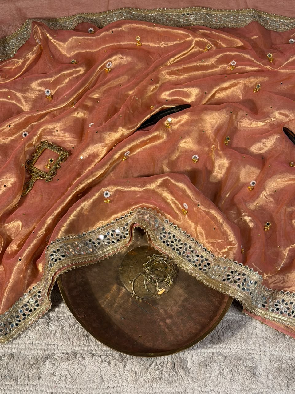Metallic Peach Pure Tissue Silk Ghungroo Mirror Work Saree
