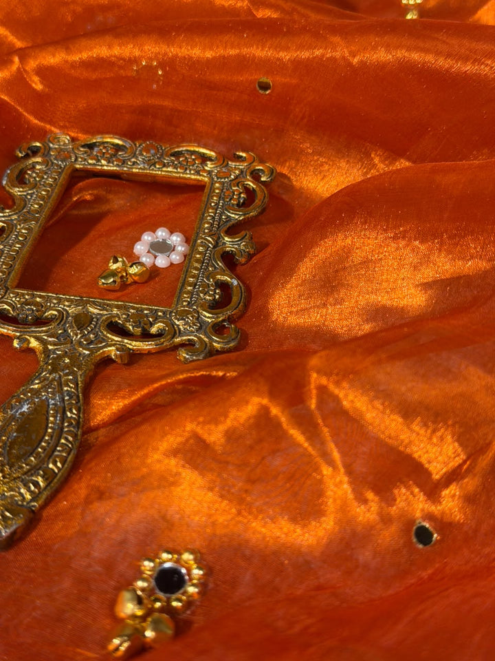 Rusted Orange Pure Tissue Silk Ghungroo Mirror Work Saree