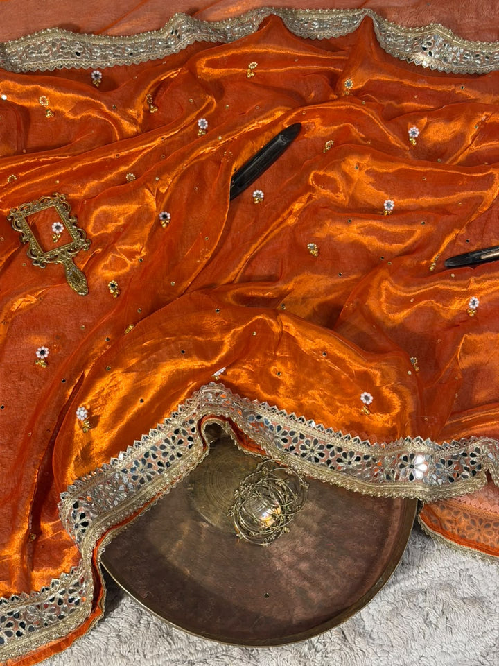 Rusted Orange Pure Tissue Silk Ghungroo Mirror Work Saree