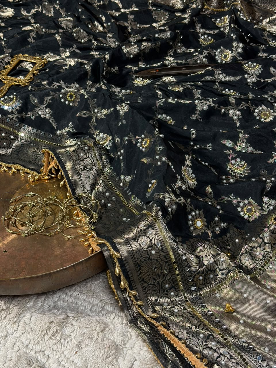 Jet Black Chinia Silk Ghungroo Mirror Work Saree