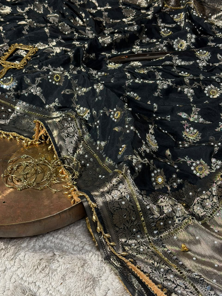 Jet Black Chinia Silk Ghungroo Mirror Work Saree