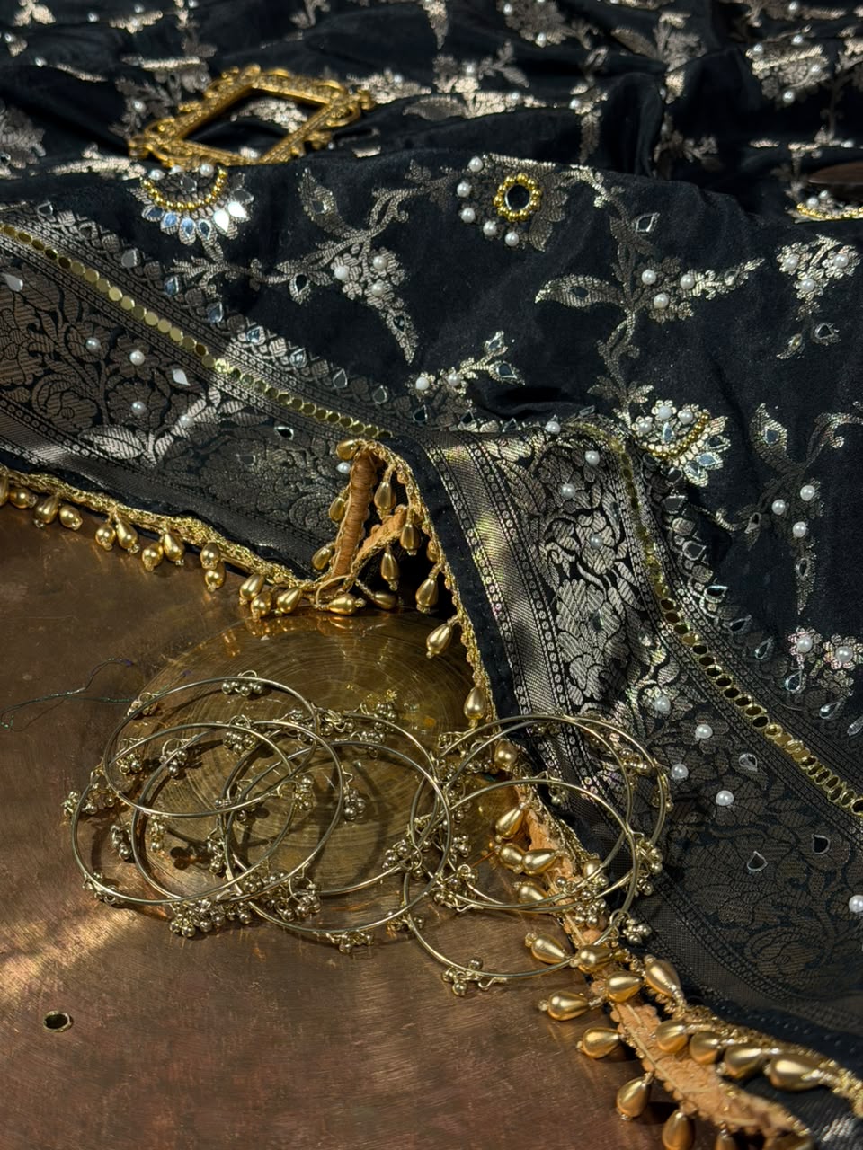 Jet Black Chinia Silk Ghungroo Mirror Work Saree