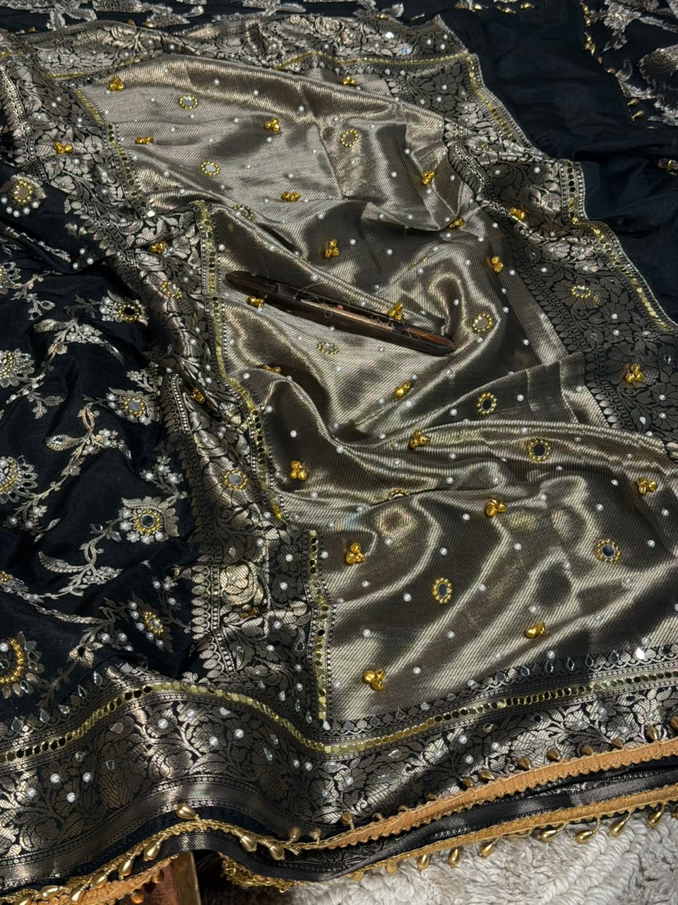 Jet Black Chinia Silk Ghungroo Mirror Work Saree