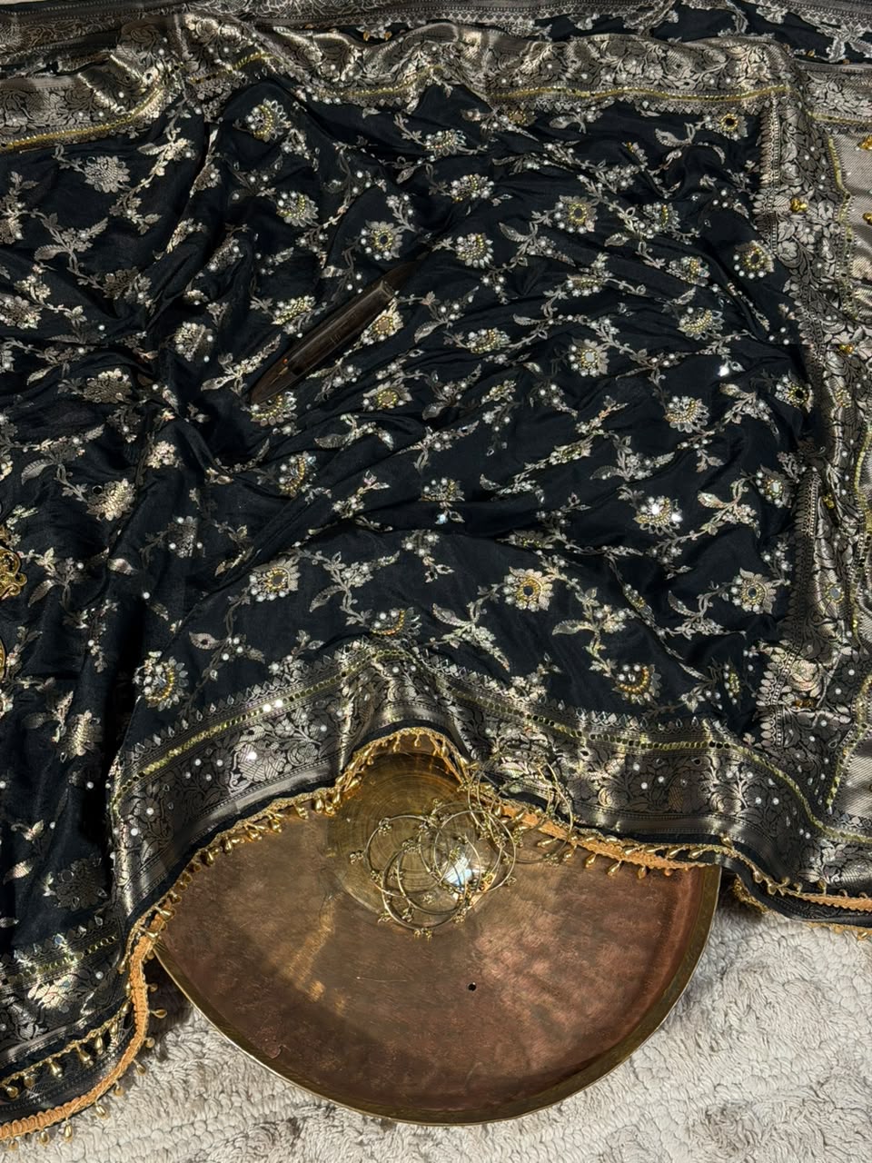 Jet Black Chinia Silk Ghungroo Mirror Work Saree