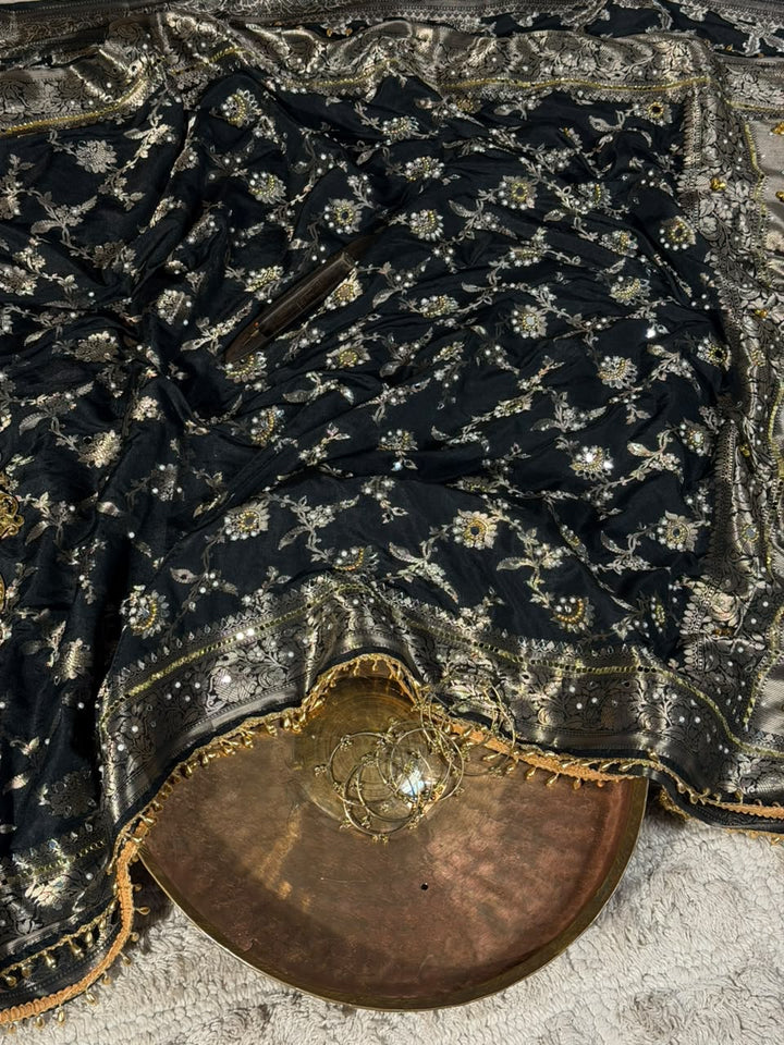 Jet Black Chinia Silk Ghungroo Mirror Work Saree