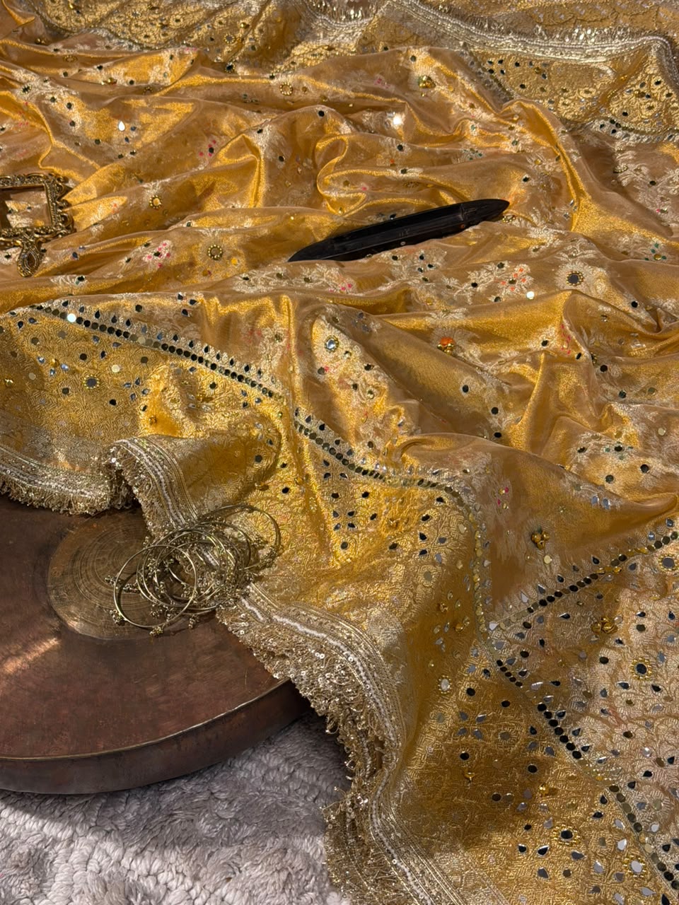 Copper Gold Tissue Silk Mirror Ghungroo Banarasi Saree