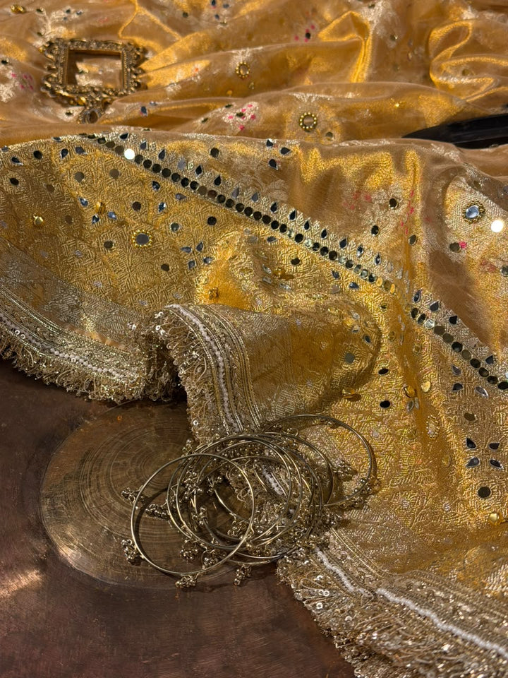 Copper Gold Tissue Silk Mirror Ghungroo Banarasi Saree