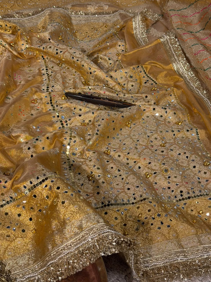Copper Gold Tissue Silk Mirror Ghungroo Banarasi Saree