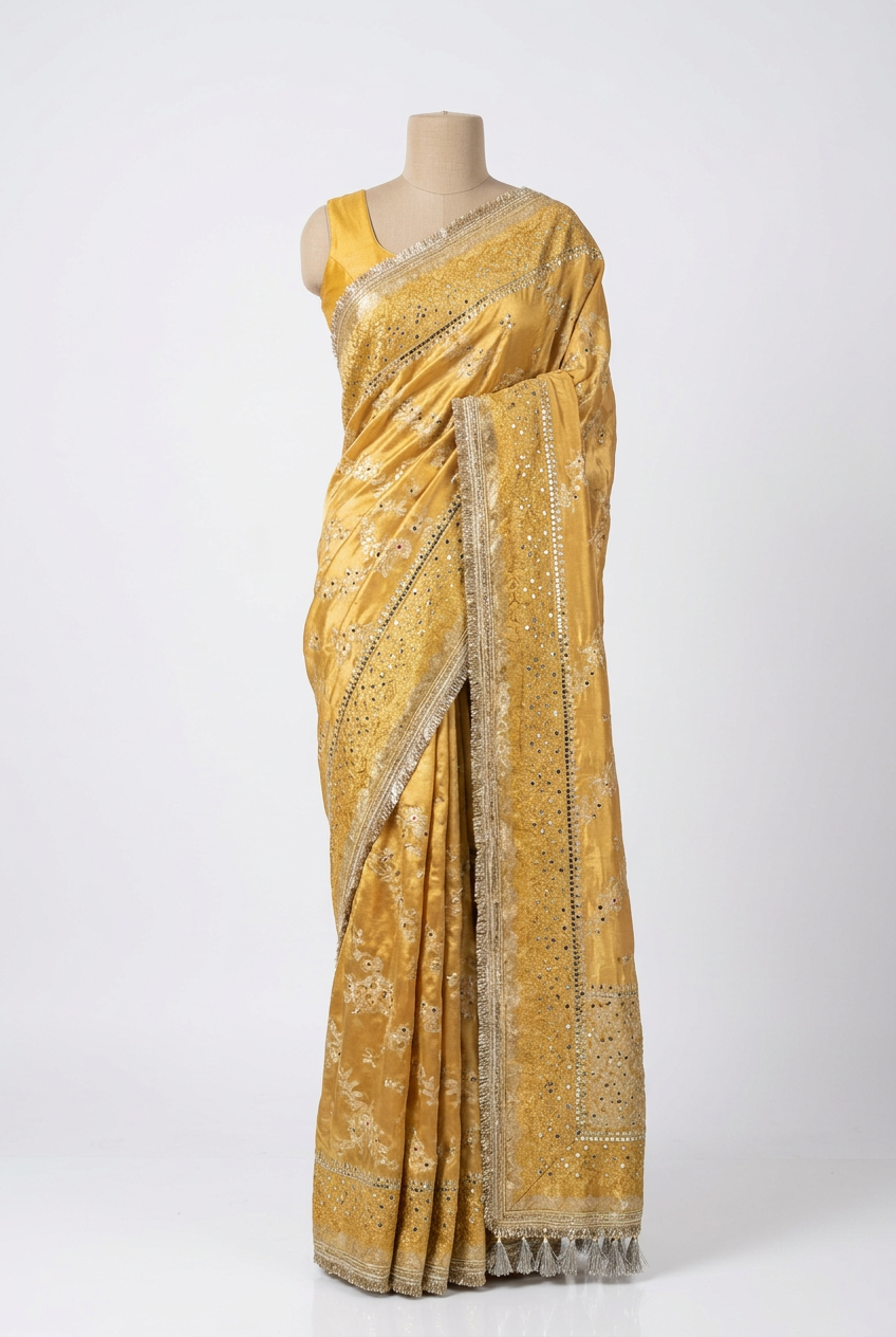 Copper Gold Tissue Silk Mirror Ghungroo Banarasi Saree