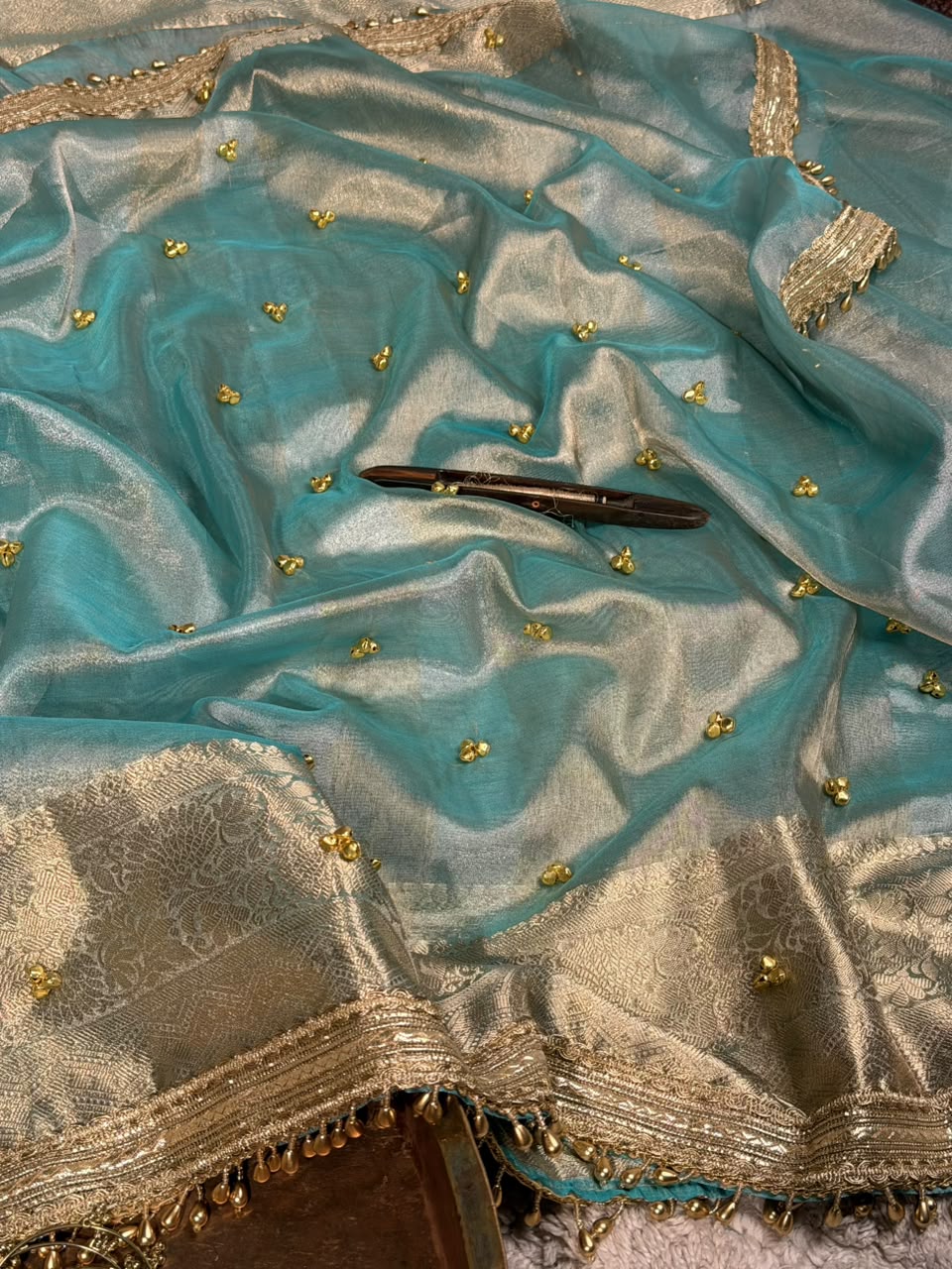 Metallic Sea Green Shade Kora Tissue Silk Banarasi Saree with Viral Ghungroo