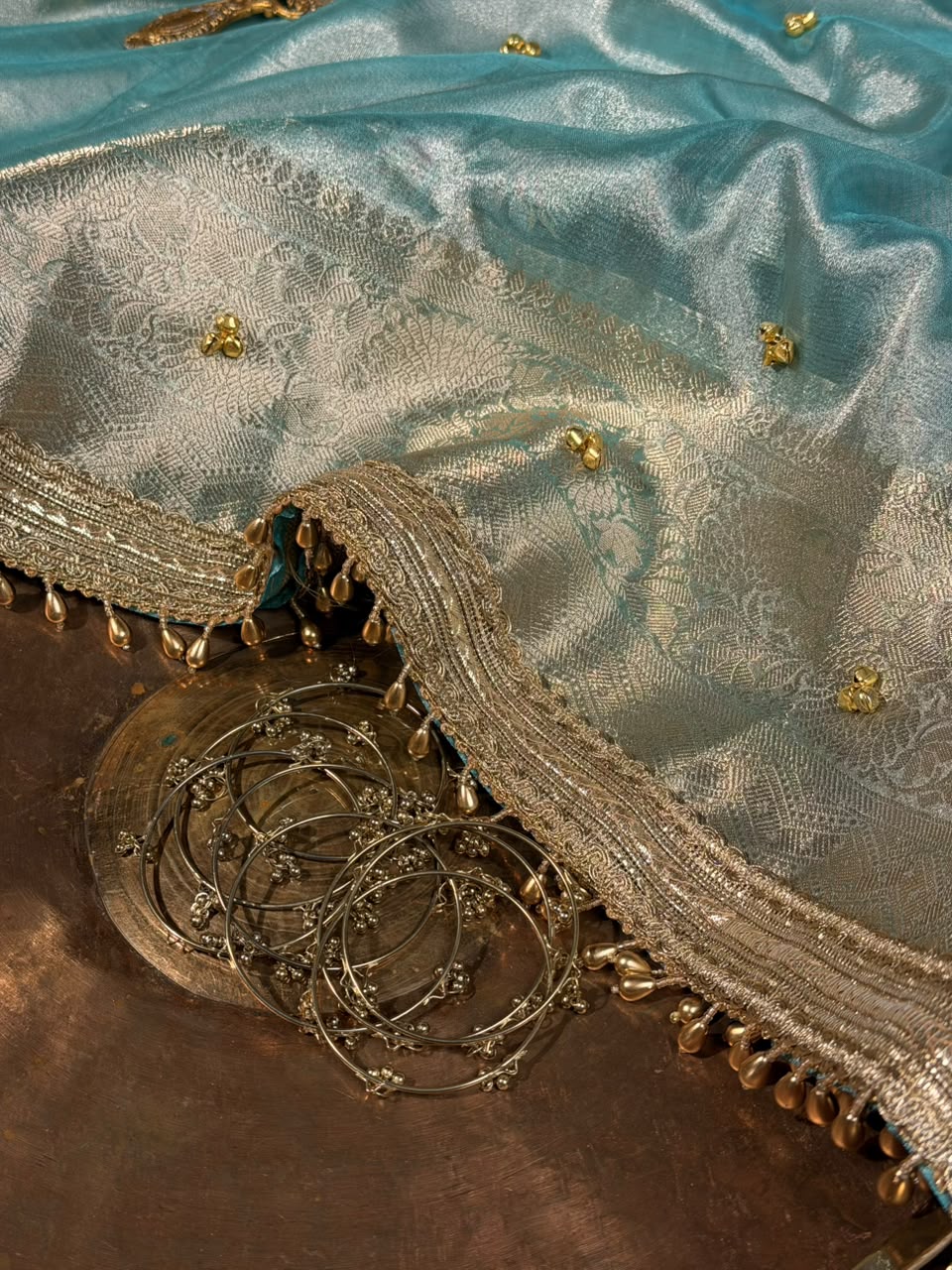 Metallic Sea Green Shade Kora Tissue Silk Banarasi Saree with Viral Ghungroo