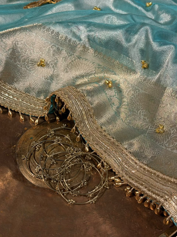 Metallic Sea Green Shade Kora Tissue Silk Banarasi Saree with Viral Ghungroo
