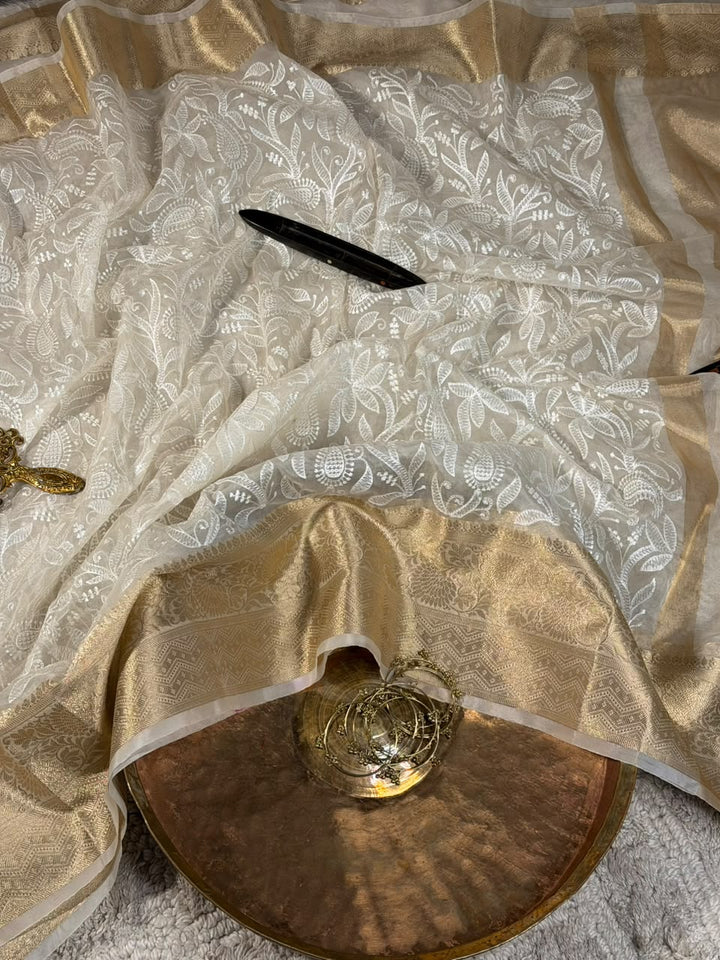 White Organza Silk Chikankari Work Banarasi Saree