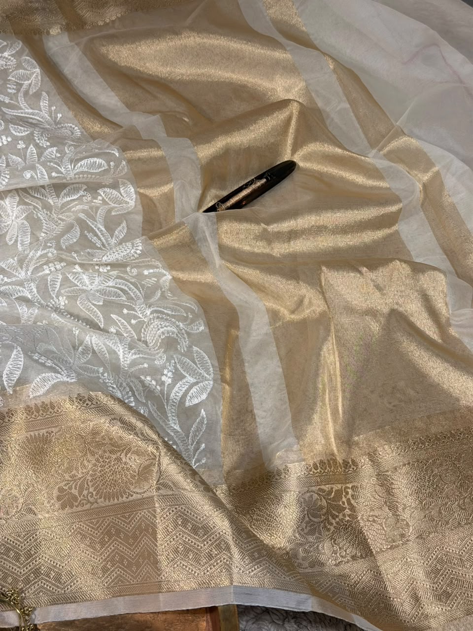 White Organza Silk Chikankari Work Banarasi Saree