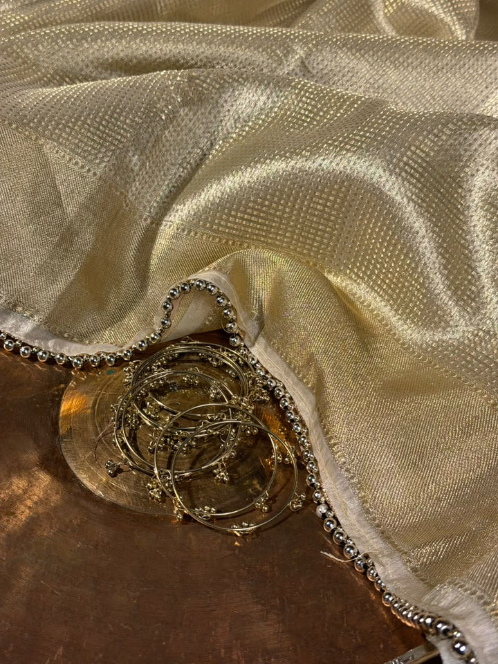 Nayanthara Mam Inspired Tissue Silk Saree with Lace Moti Work