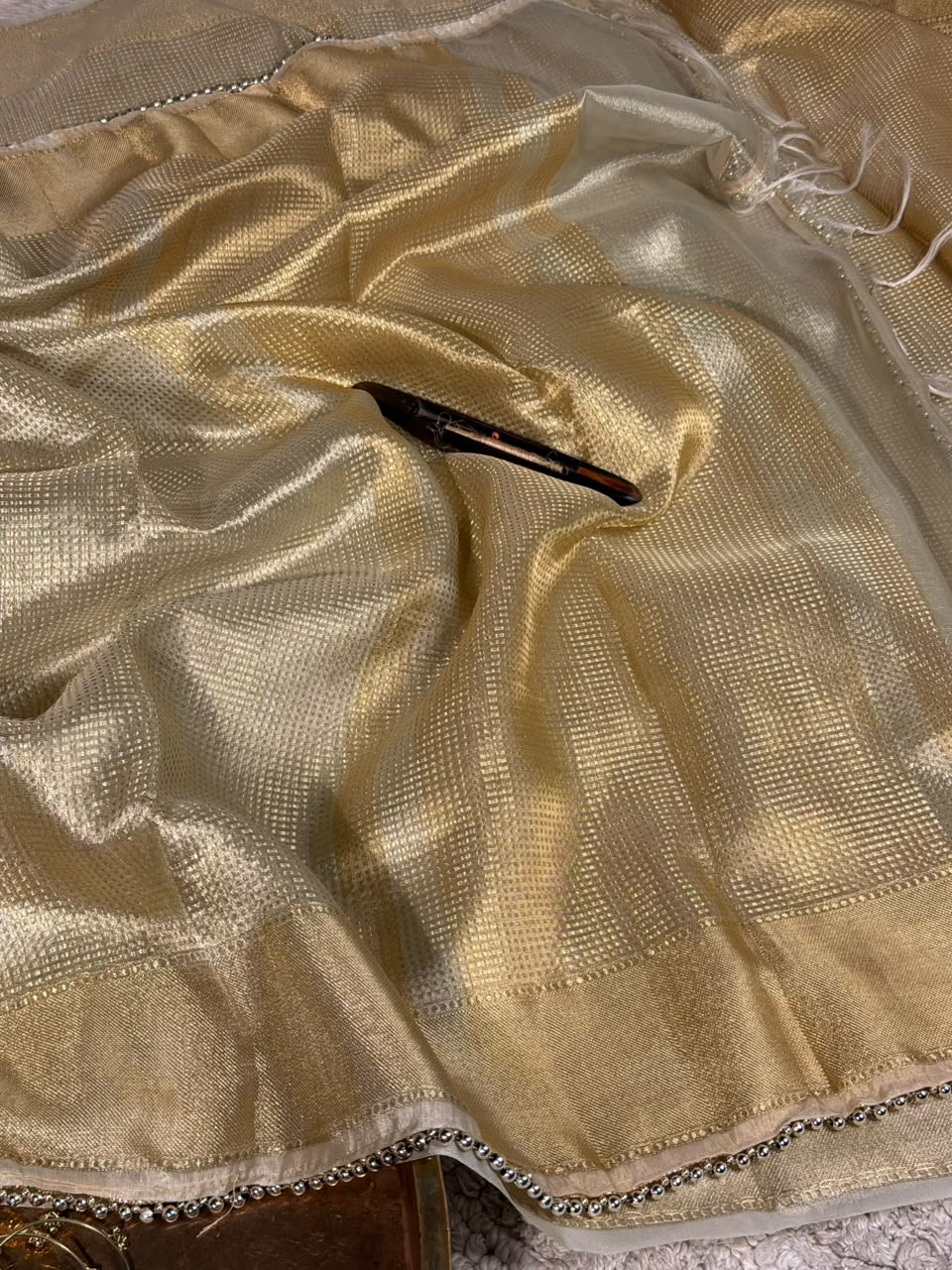 Nayanthara Mam Inspired Tissue Silk Saree with Lace Moti Work