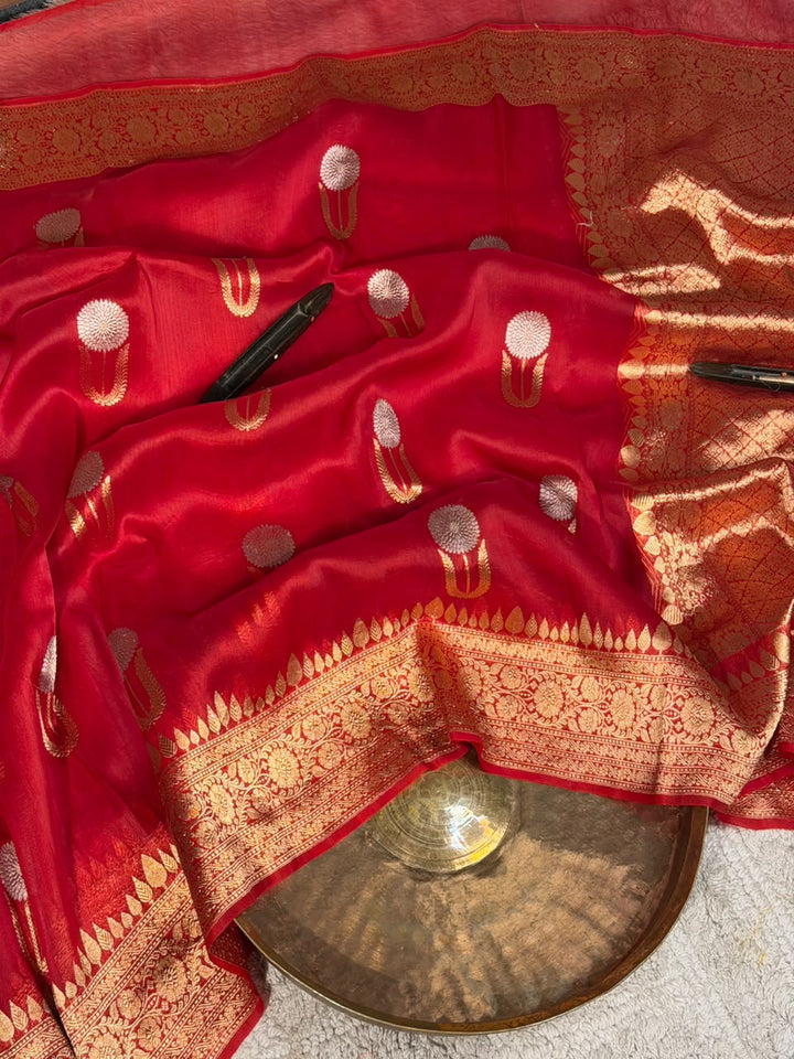 Bright Red Pure Kora Silk Handloom Banarasi Saree