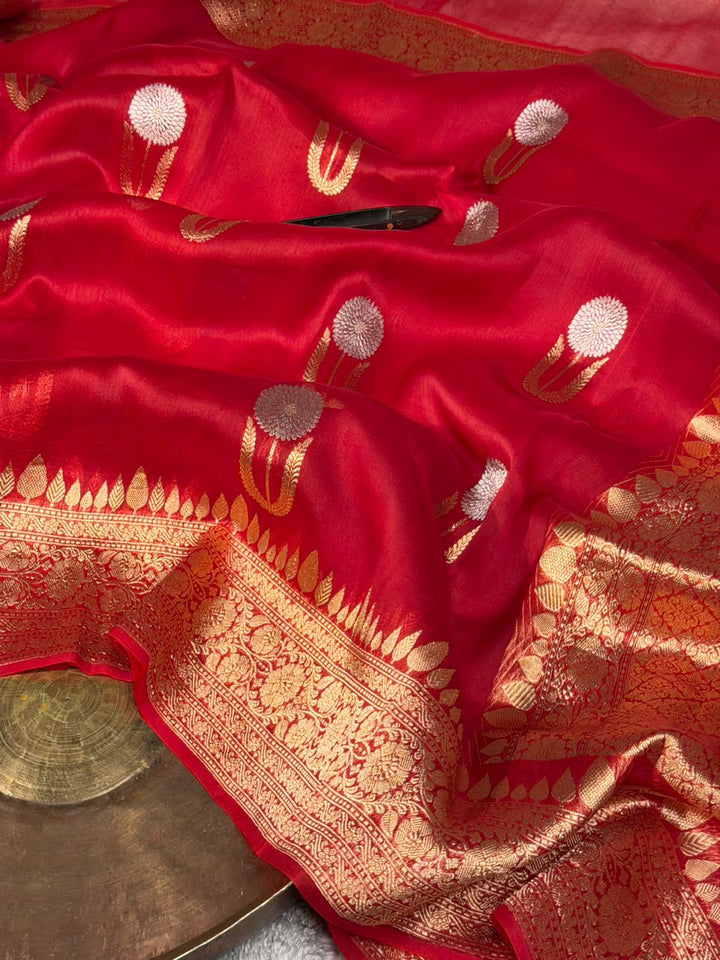 Bright Red Pure Kora Silk Handloom Banarasi Saree