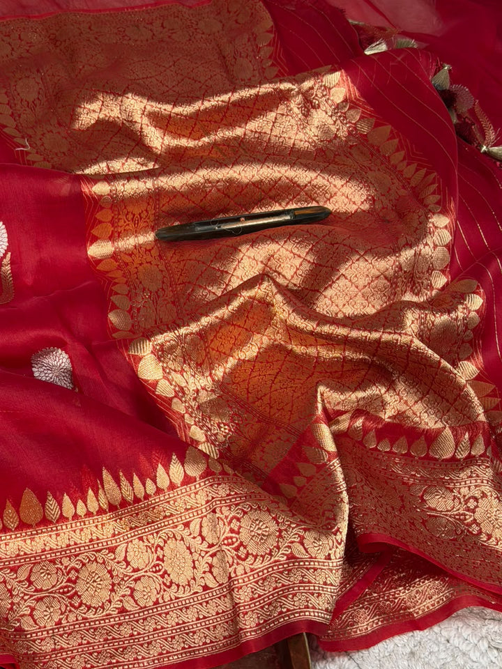 Bright Red Pure Kora Silk Handloom Banarasi Saree