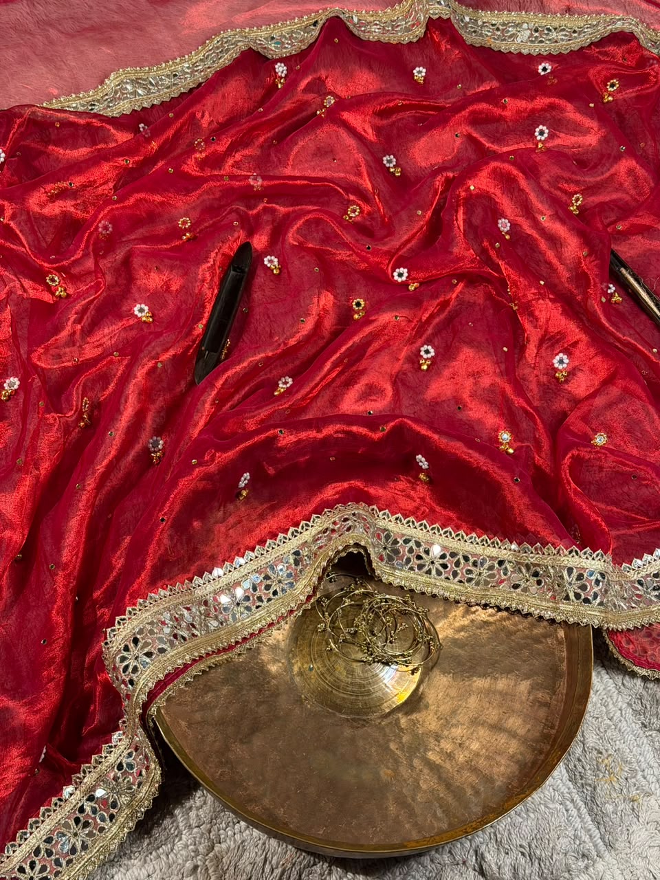 Carmine Red Pure Tissue Silk Ghungroo Mirror Work Saree