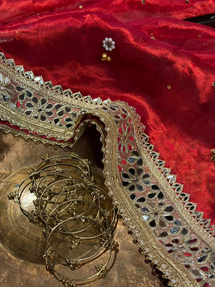 Carmine Red Pure Tissue Silk Ghungroo Mirror Work Saree