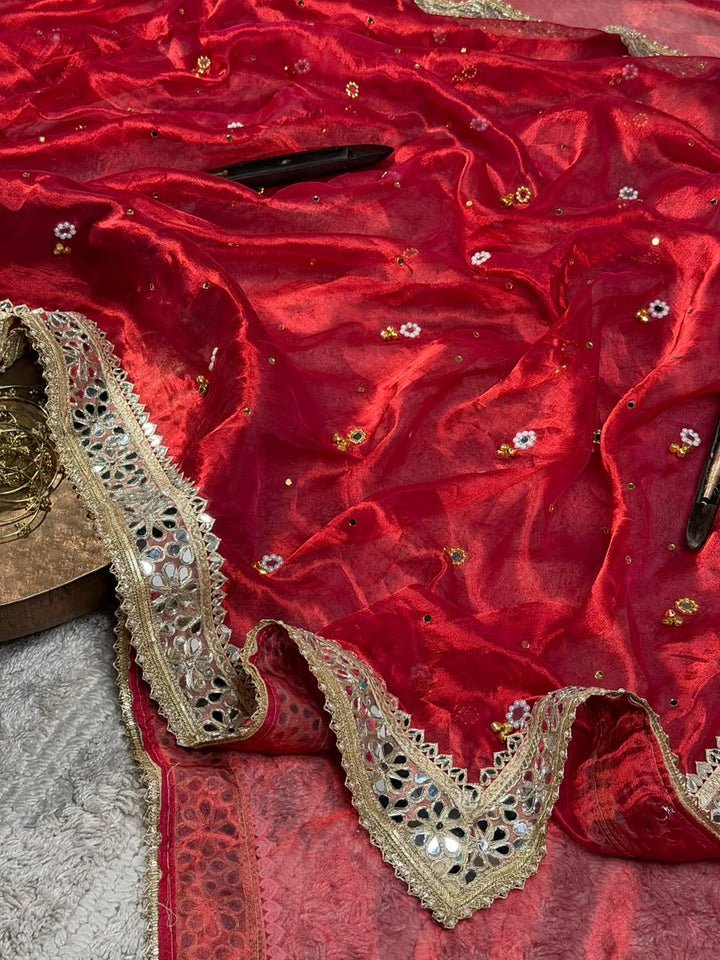 Carmine Red Pure Tissue Silk Ghungroo Mirror Work Saree