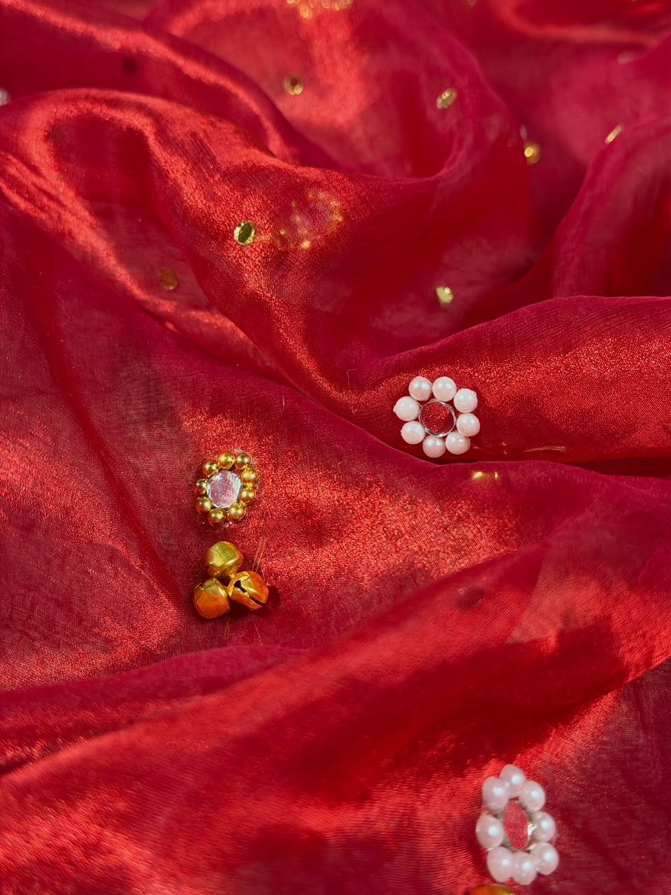 Carmine Red Pure Tissue Silk Ghungroo Mirror Work Saree