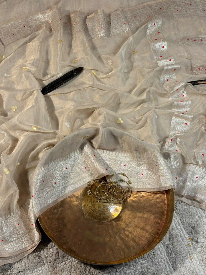 Ivory Pure Khaddi Tissue Silk Natural Handwoven Banarasi Saree